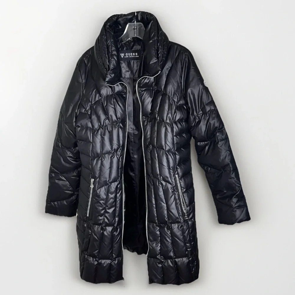 GUESS Womens Quilted Puffer Long Real Down‎ Winter Jacket Coat Black Large